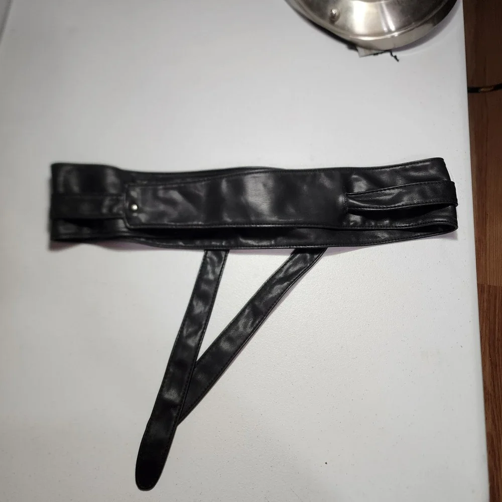 Black Faux Leather Obi Wrap Belt Wide Waist Sash Cinch Stud Detail